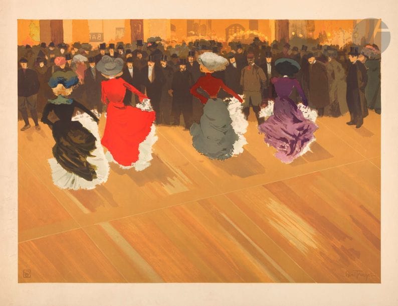 Louis Abel-Truchet (1857-1918) 
Le Quadrille. 1890. Lithographie. 717 x 517. Impression en couleurs. Belle épreuve sur vélin glacé. Plusieurs déchirures en marge gauche, dont une de 35 mm. Toutes marges.
