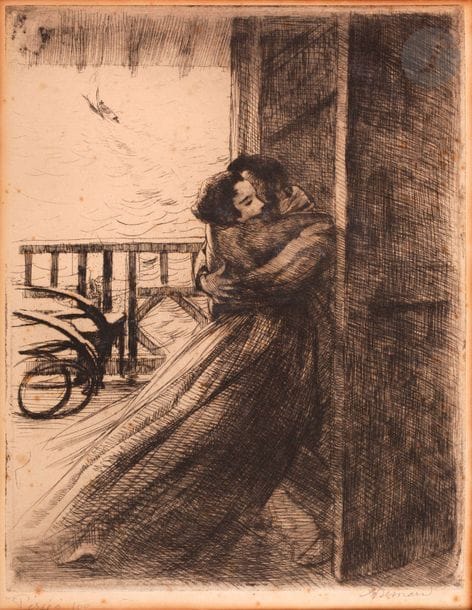 Albert Besnard (1849-1934) 
L’Amour. (Pl. de la suite La Femme). 1886. Eau-forte. 248 x 317. Godefroy 48. Bonne épreuve sur vergé, annotée « Tirée à 100 » et signée au crayon, très oxydée, collée par les bords latéraux sous passe-partout. Fortes rousseurs. Toutes marges.