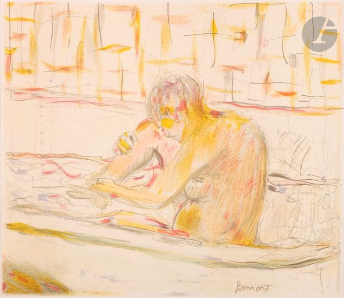 Pierre Bonnard (1867-1947) 
Woman sitting in her bathtub. 1942. Lithography. 212 x 185. Bouvet 115. Colour printing. Nice proof of the 1st course of the program for the "Grande Soirée Maurice Chevalier" on Friday August 14, 1942 at the Ambassadors in Cannes, on vellum, glued by the edges on cardboard and under passe-partout.
