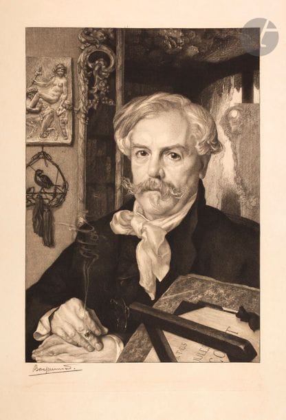 Félix Bracquemond (1833-1914) 
Edmond de Goncourt. 1881. Etching. 340 x 510. Beraldi 54; I. F. F. F. 386. Very nice proof on strong japan, signed with black stone. Oxidation trace when opening an old assembly. Small freckles on the far right edge. All margins.
