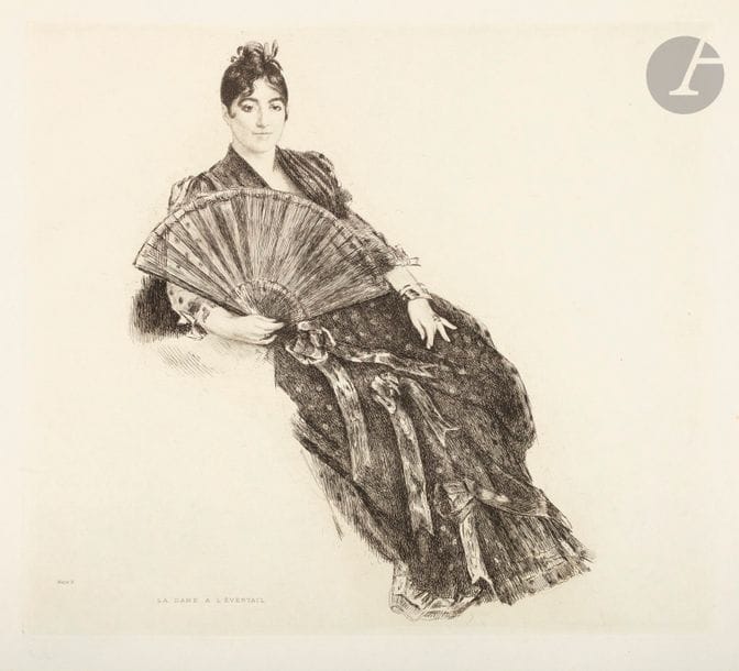 *Félix Bracquemond (1833-1914) 
La Dame à l’éventail. Avant 1916. Eau-forte. 310 x 275. Très belle épreuve sur vélin. Toutes marges.