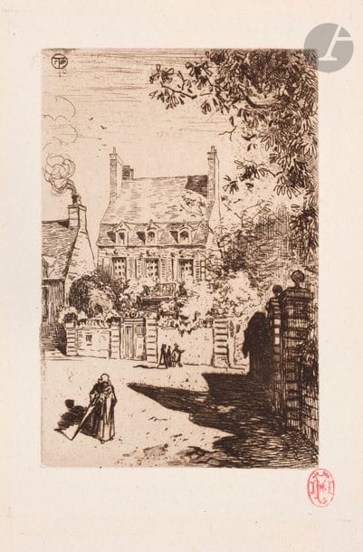 Félix Buhot (1847-1898) 
En province – la maison d’Orléans (Valognes). Eau-forte. 90 x 136. Bourcard-Goodfriend 65. Belle épreuve sur vergé. Petites traces de colle au bord gauche au verso. Toutes marges. Ex-coll. E. D. Forgues (Lugt 743).
