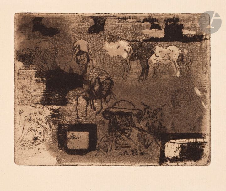 Félix Buhot (1847-1898) 
Têtes de Bretons. Etching, aquatint, roller and soft varnish. 115 x 90. Bourcard-Goodfriend 80. Very nice proof on laid. All margins not trimmed. Rare. Drawing at a dozen tests.
