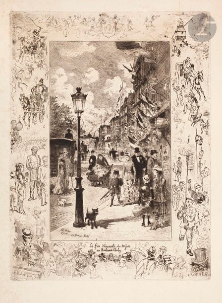 Félix Buhot (1847-1898) 
La Fête Nationale au boulevard Clichy. 1878. Eau-forte, pointe sèche et aquatinte. 235 x 315. Bourcard-Goodfriend 127. Belle épreuve sur vergé. Rousseurs claires éparses, oxydation et empoussiérage aux bords du feuillet. Toutes marges.