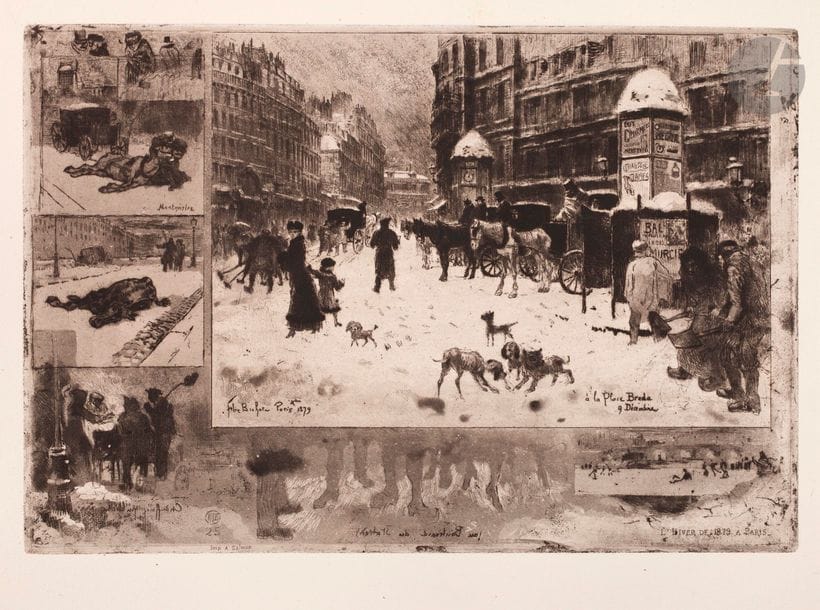 Félix Buhot (1847-1898) 
L’Hiver à Paris, ou La Neige à Paris. 1879. Eau-forte, pointe sèche et vernis mou. 345 x 238. Bourcard-Goodfriend 128. Très belle épreuve sur vergé, du 3e état (sur 5 selon Bourcard), l’aquatinte très visible, avec l’adresse de L’Art et le nom de Salmon. Toutes marges.