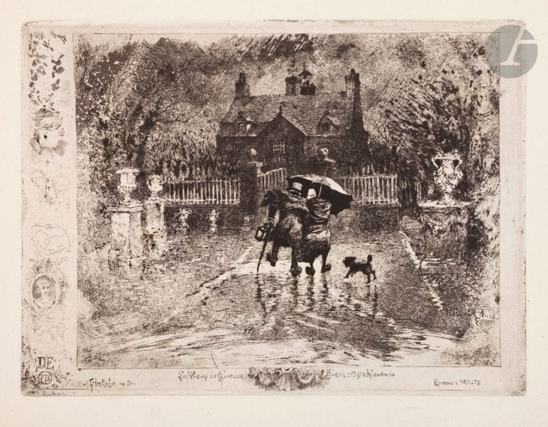 Félix Buhot (1847-1898) 
Les Voisins de campagne. 1879-1880. Eau-forte et pointe sèche. 180 x 136. Bourcard-Goodfriend 148. Très belle épreuve sur vélin fort, du 4e état (sur 5), avant les croquis en marge droite du cuivre. Toutes marges. Joint : même estampe. Belle épreuve sur vergé essencé, de l’état définitif avec les croquis gravés en marge droite. Légère fracture sur le coup de planche inférieur. Petites cassures et manques aux bords du feuillet. Belles marges. Ens. 2 p.
