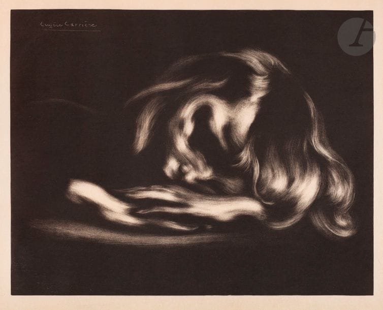 Eugène Carrière (1849-1906) 
Le Sommeil (Jean-René Carrière). 1897. Lithographie. 433 x 340. Delteil 36 ; Johnson 21. Superbe épreuve sur japon ancien. Toutes marges. Pl. parue dans l’Album d’estampes originales de la galerie Vollard.