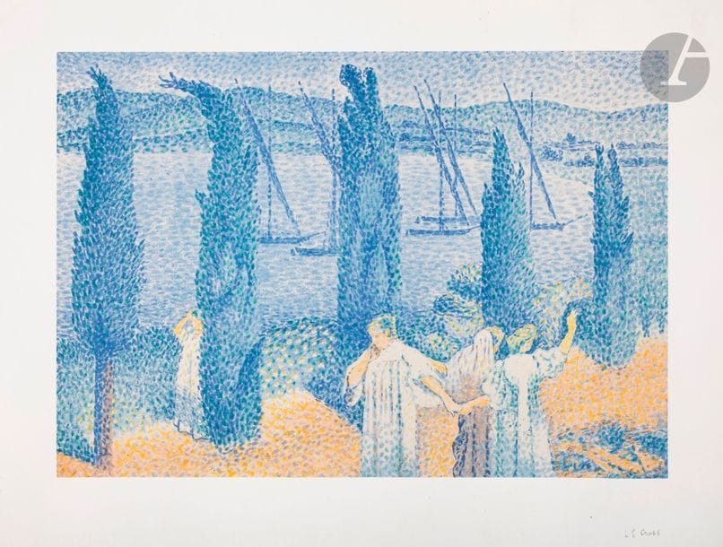 Henri-Edmond Cross (1856-1910) 
La Promenade, ou Les Cyprès. 1897. Lithographie. 410 x 285. Johnson 27. Impression en couleurs. Très belle et fraîche épreuve sur chine appliqué sur vélin fort, signée et numérotée au crayon. Toutes marges. Tirage à 100 épreuves pour l’Album d’estampes originales de la Galerie Vollard.