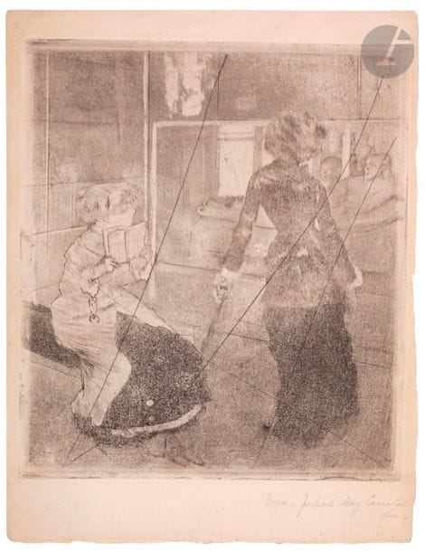 Edgar Degas (1834-1917) 
Mary Cassatt at the Louvre, the antique gallery. Around 1879-1880. Etching, drypoint and aquatint. 235 x 268. Delteil 30; Reed and Shapiro 51. Nice proof on strong vellum of the print made on the strikethrough copper for Ambroise Vollard (1918). All margins.
