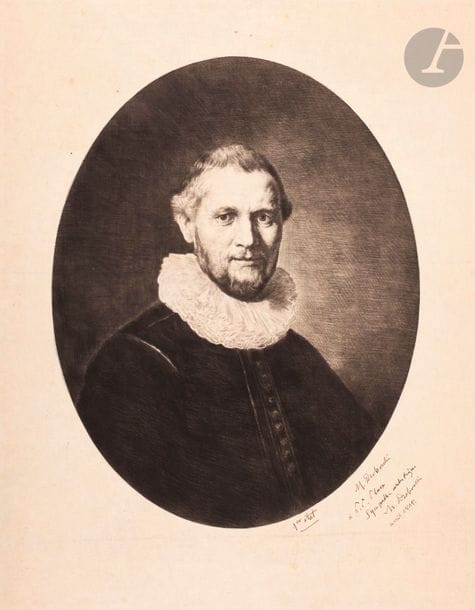 Marcellin Desboutin (1823-1902) 
Portrait of a man with strawberry. 1895. Dry point. 480 x 615. Beautiful proof on Japanese, lined on strong vellum (with traces of persistent folds), annotated in pen and sepia ink "1st state", signed then autographed, signed again and dated "April 1895". Minor soiling. Large margins.

