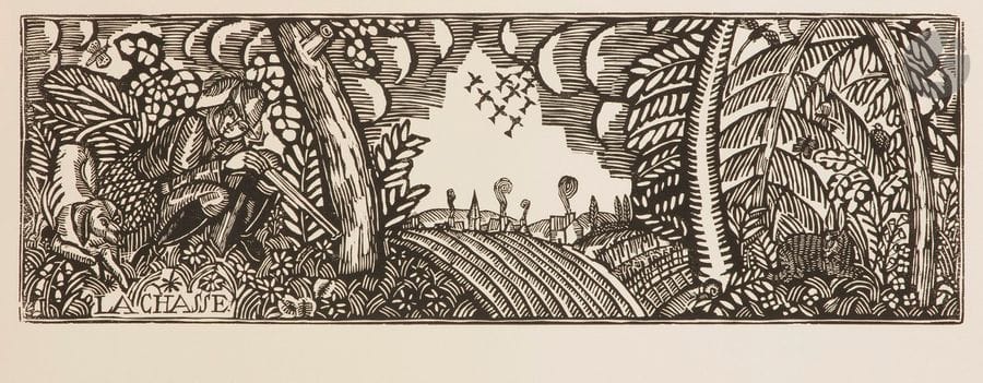 Raoul Dufy (1877-1953) 
La Chasse. Vers 1910. Bois gravé. 640 x 208. Très belle épreuve sur vélin fort, d’un tirage postérieur. Infime oxydation, courts plis et accrocs aux bords du feuillet. Très grandes marges non ébarbées.