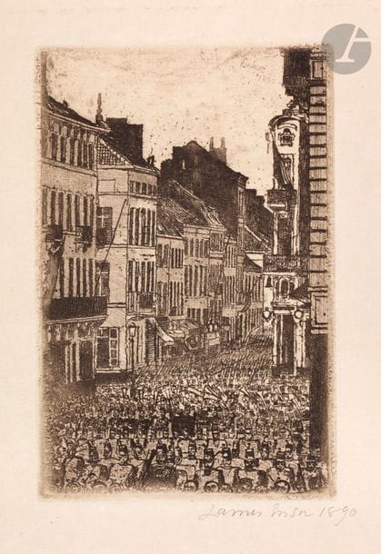 James Ensor (1860-1949) 
La Musique rue de Flandre, Ostende. 1890. Eau-forte. 78 x 118. Taevernier 83. Très belle épreuve sur japon fort, signée et datée au crayon, revêtue du grand paraphe et titrée au verso. Petits restes de papier gommé dans les angles droits au verso. Traces de plis obliques associés, visibles au recto dans l’angle supérieur gauche. Toutes marges.