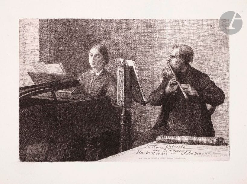 Henri Fantin-Latour (1836-1904) 
Un morceau de Schumann. 1864. Eau-forte. 275 x 185. Hédiard-Mason (app.) 2. Très belle épreuve sur vélin, du tirage effectué par Cadart et Luquet (avec le timbre sec, Lugt non décrit, partiellement rogné). Marges réduites.
