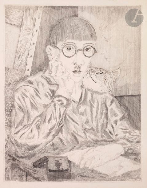 Léonard-Tsuguharu Foujita 
(1886-1868) 
Autoportrait au chat. 1926. Pointe sèche. 352 x 450. Buisson 26.64. Belle épreuve sur vélin, d’un tirage de la Chalcographie du Louvre, avec son timbre sec (Lugt 1695a). Légère oxydation sous le passe-partout. Marges. Cadre.