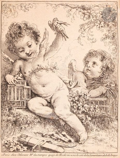 François Boucher (1703-1770) 
La Tourterelle mise en cage. Eau-forte. 145 x 191. Baudicour, I.F.F. 2 ; P. Jean-Richard 3. Belle épreuve rognée à l’intérieur du coup de planche, bien complètre du filet d’encadrement et de l’adresse. Joint : d’après Boucher. Le Petit faiseur de bulles de savon (2 sujets) ; Les Petits buveurs de lait ; Le Petit Savoyard. Eau-forte (une par Daullé). Formats divers. Bonnes épreuves rognées au coup de planche ou à l’extérieur de celui-ci. Rousseurs claires. Ens. 5 p.