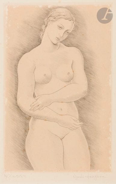 Kiyoshi Hasegawa (1891-1980) 
Nu. 1936. Pointe sèche. 170 x 265. Reifu Syobo 243. Bonne épreuve sur chine appliqué (les bords de ce dernier épidermés et arrachés) sur vélin, annotée « ép. d’artiste » et signée au crayon. Nombreuses rousseurs claires éparses. Toutes marges. Timbre sec de l’artiste en pied à droite. Tirage définitif à 25 épreuves. Joint : Le Jas de Bouffan (maison de Paul Cézanne). 1940. Pointe sèche. 291 x 220. Reifu Syobo 258. Bonne épreuve sur vélin, numérotée et signée au crayon. Larges auréoles d’humidité, petites taches et salissures. Bande de kraft gommé sur le pourtour au recto. Toutes marges. Timbre sec de l’artiste en pied à droite. Ens. 2 p.