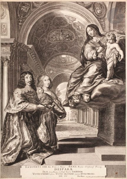 Grégoire Huret (1606-1670)
Louis XIII et son épouse Anne d’Autriche mettant le nouveau dauphin et la Couronne sous la protection de la Sainte Vierge (dit aussi Le Vœu de Louis XIII). 1638. Burin. 340 x 482. I.F.F. 194. Très belle épreuve. Petites traces de colle dans les angles au verso. Petit arrachement au bord gauche. Marges étroites.