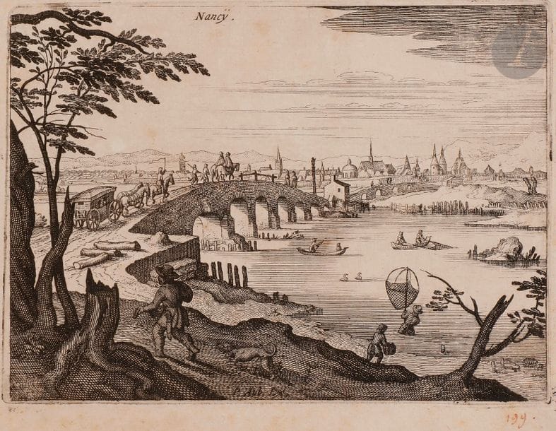Matthäus I Merian (1593-1650)
Vues de villes et paysages (Paris, Nancy, Châlon, région de Bâle…). 1620-1625. Eau-forte. Chaque env. 140 x 110. Belles épreuves, certaines rognées au sujet, d’autres avec marges. Menus accidents. Quelques sujets en multiples exemplaires. Ens. 124 p. (en un emboîtage). 