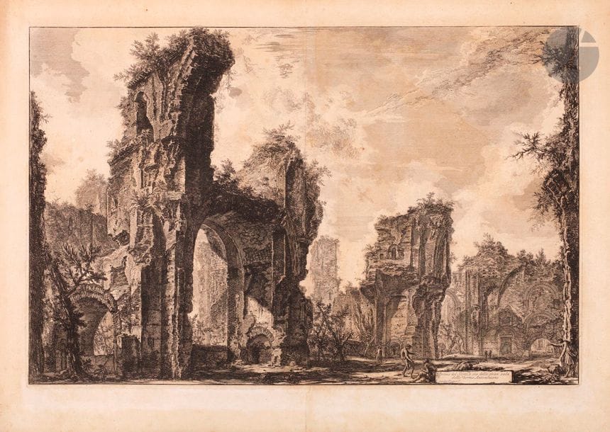 Giovanni Battista Piranesi (1720-1778) 
Rovine del Sisto o sia della gran sala delle Terme Antoniniane (Thermes de Caracalla, intérieur du hall central). (Pl. des Vedute di Roma). 1765. Eau-forte et burin. 662 x 432. Hind 77 (ii/iv). Bonne épreuve sur vergé, avant les numéros, oxydée. Pli de reliure vertical médian, légèrement fracturé en pied. Toutes marges. 1er tirage parisien.