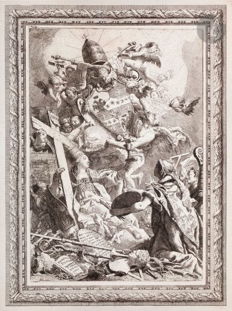 Giovanni Domenico Tiepolo (1727-1804) 
Les Arts rendant hommage à l’autorité du pape Pie VI. 1775. Eau-forte. 315 x 428. De Vesme 98 ; Rizzi 158. Belle épreuve. Déchirure habilement restaurée au-dessus de la mitre papale. Petite trace d’ancien adhésif dans l’angle supérieur gauche au verso. Ex-coll. V. Zanetti (Lugt 3913).