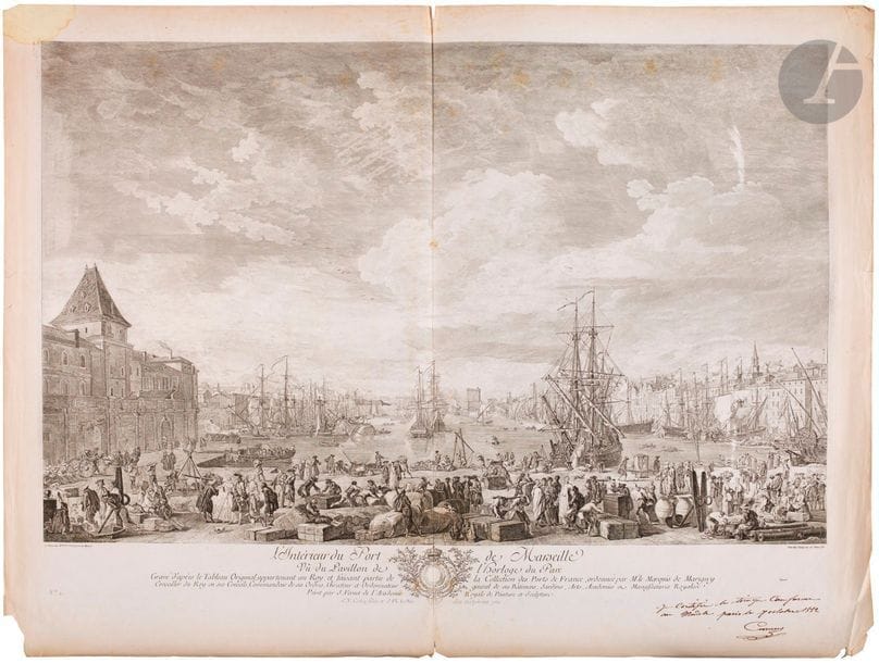 Joseph Vernet (1714-1789) (d’après) 
Vues de la série des Ports de France : Antibes, Dieppe, Le Havre, Marseille, Rochefort, Rouen, Toulon. Gravé par Cochin et Le Bas. Chaque [815 x x 605]. Épreuves d’essai sur vélin mince, du tirage de 1832 à l’adresse de la veuve Cuissa, revêtues dans la marge inférieure droite du certificat de tirage à la plume et à l’encre sépia, signé par Camus. Pli vertical médian. Nombreux accidents et déchirures aux bords des feuillets (parfois avec anciennes traces d’adhésif oxydées). Rousseurs et auréoles claires d’humidité. Toutes marges. Ens. 8 p. 