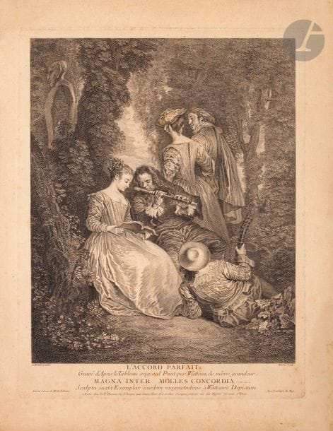 Jean-Antoine Watteau (1684-1721) (after) 
L'Accord parfait. 1730. Engraved by Baron. 302 x 392. Dacier and Vuaflart 23. Very nice test. Clear freckles. Margins. Frame.
