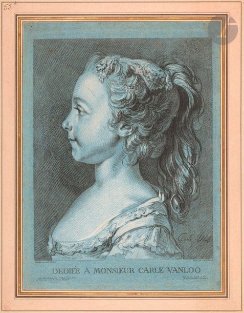 Louis-Marin Bonnet (1743-1793) 
Tête de jeune fille. Gravure en manière de deux crayons d’après Van Loo. 307 x 407. Hérold 55 a. Très belle épreuve du 2e état (sur 5), avant l’adresse de la Veuve Chéreau en place de celle de Bonnet, tirée en noir et blanc sur vergé bleu. Infimes traces de plis. Belles marges.
