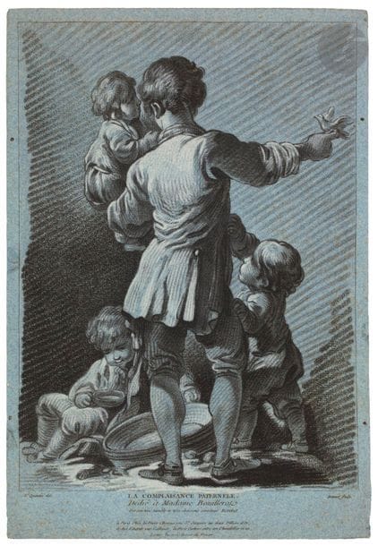 Louis-Marin Bonnet (1743-1793) 
La Complaisance paternelle. Gravure en manière de deux crayons d’après Saint-Quentin. 268 x 395. Hérold 8. Très belle épreuve du 1er état tirée en noir et blanc sur vergé bleu, à l’adresse de la Veuve Chéreau (avant celle de Bonnet lui-même), rognée au coup de planche mais complète de la tablette. Quelques rousseurs claires. Petits trous et arrachements au bord gauche (certains anciennement restaurés).