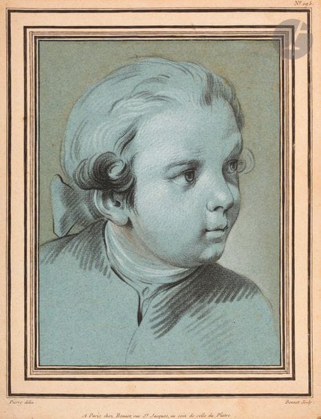 Louis-Marin Bonnet (1743-1793) 
Head of a young man. Engraved in the form of two pencils after Pierre. 228 x 295. Herold 195. Nice proof, the subject printed in black and white on blue paper applied on vellum and framed with several engraved framing nets. Slight oxidation.
