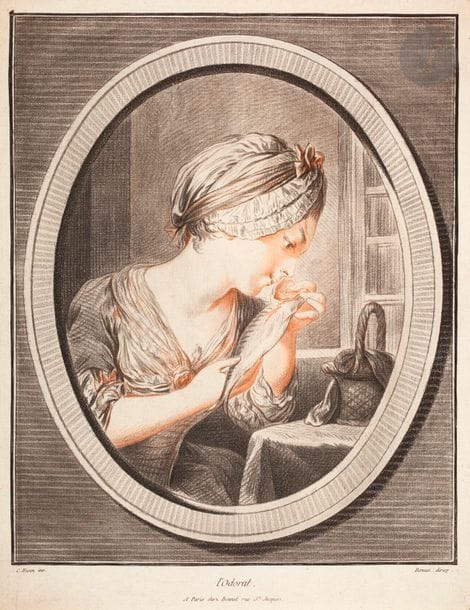 Louis-Marin Bonnet (1743-1793) 
The Sight; The Hearing; The Smell; The Touch. (4 pl. of a series of the 5 Senses). Engraved in pencil style after Eisen. Each approx. 240 x 310. Herod 213 to 215 and 217. Colour printing. Beautiful tests trimmed with the blow of the board. Minor freckles and dirt. Small gap in the upper right corner of the Touch Sheet.
