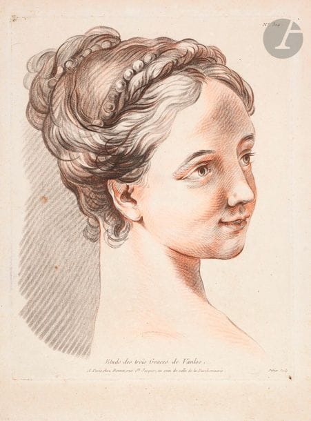 Louis-Marin Bonnet (1743-1793) 
Tête des Trois Grâces. Gravé en manière de crayon par Jubier (Bonnet éd.). 243 x 313. Hérold 314. Très belle épreuve tirée en noir et sanguine. Légère oxydation du feuillet. Toutes marges.