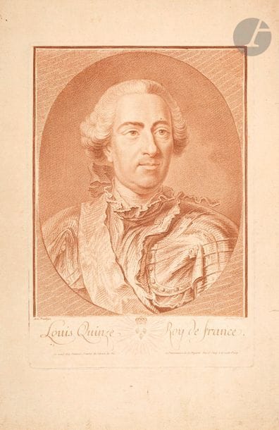 Jean-Charles François (1717-1769) 
Louis Quinze Roy de France. Gravure en manière de crayon. 235 x 342. I.F.F. 81. Très belle épreuve tirée en sanguine. Légères rousseurs. Deux courtes déchirures au bord droit. Toutes marges. Joint : Marie de Pologne Reine de France. Gravure en manière de crayon. 215 x 309. I.F.F. 82. Bonne épreuve tirée en sanguine, rognée au sujet et légèrement à l’intérieur de la tablette. Rousseurs claires. Ens. 2 p.
