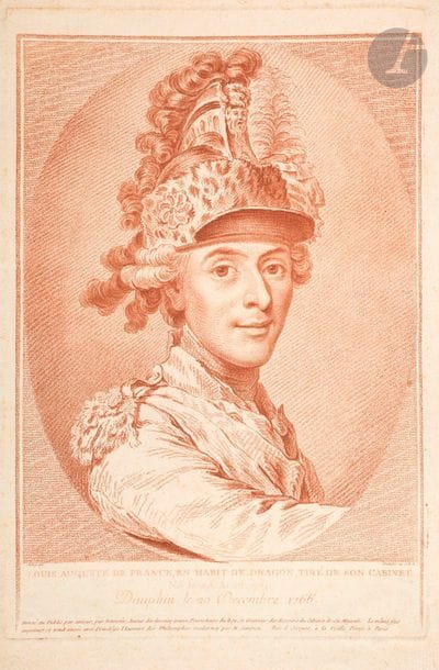 Jean-Charles François (1717-1769) 
Louis Dauphin of France, in dragon's clothing... Engraving in the form of a pencil. 220 x 332. I.F.F. 83. Very nice test drawn in sanguine. Old small piece of blue gummed paper glued in an angle on the back. All margins.
