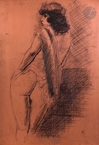 André Dignimont (1891-1965) 
Femme nue de dos à l’étole. Vers 1930. Cuivre gravé à l’eau-forte. 197 x 270. Biseauté, les angles arrondis.
