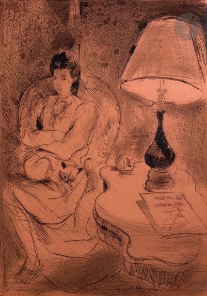 Emilio Grau-Sala (1911-1975) 
Femme au fauteuil, un chat sur les genoux. Cuivre gravé à la pointe sèche et à l’aquatinte. 180 x 240. Angles arrondis.