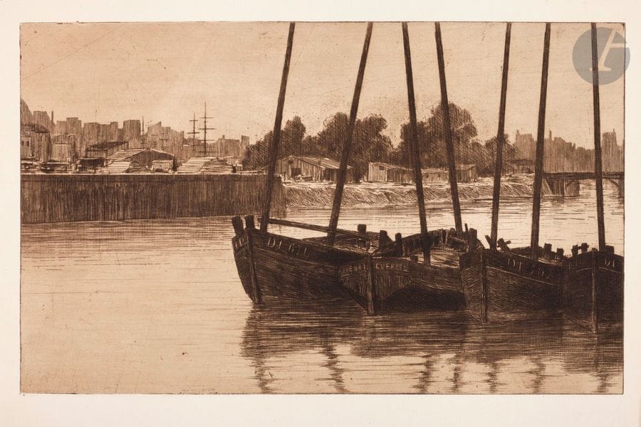 Henri Guérard (1846-1897) 
La Retenue, Dieppe. Avant 1888. Eau-forte. 476 x 292. Bertin 213. Très belle épreuve tirée en noir bistré sur vélin. Infime oxydation aux bords du feuillet. Toutes marges.