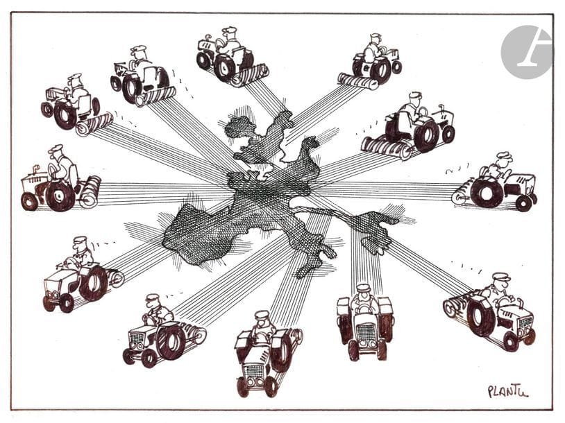 Jean Plantureux dit PLANTU (né en 1951)
Agriculture européenne, 22 avril 1986
Encre et feutre.
Signée en bas à droite.
29.5 x 21 cm

Ce dessin témoigne déjà à l’époque de divisions intra-communautaires sur la question agricole.