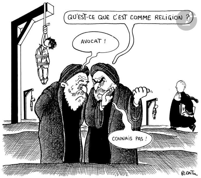 Jean Plantureux dit PLANTU (né en 1951)
Iran - Qu’est ce que c’est comme religion ? Avocat, 26 avril 1989
Encre et feutre.
Signée en bas à droite.
18.5 x 21 cm

Ce dessin marque la montée du fondamentalisme qui a commencé dès 1979 avec l’arrivée des Ayatollahs à Téhéran.