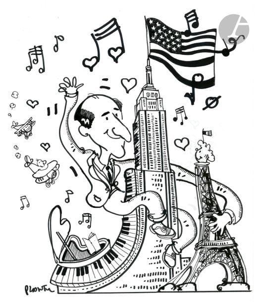 Jean Plantureux dit PLANTU (né en 1951)
Musique - Hommage à Gershwin, 2 avril 1998
Feutre.
Signé en bas à gauche.
29.5 x 21 cm

Joint : le tirage couleur. 

Dessin réalisé pour le centième anniversaire de la naissance de George Gershwin. Il a été imprimé sur le programme du théâtre des Champs-Élysées où se produisaient différents artistes internationaux dont James Taylor à cette occasion.