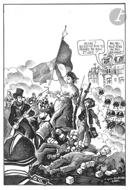 Jean Plantureux dit PLANTU (né en 1951)
Liberté - égalité - Immobilier
Encre et feutre.
Signée en bas à droite.
29.5 x 21 cm

Dessin réalisé pour le journal l’Étudiant, d’après le tableau 28 juillet : La Liberté guidant le peuple, d’Eugène Delacroix (Paris, Musée du Louvre). 

« Le tableau de Delacroix a été utilisé des milliers de fois. Et avec le temps et avec les tragédies que nous avons connues ces dernières années, le dessin finalement peut avoir une autre signification. Un dessin a plusieurs vies, et à chaque fois, il dit quelque chose de différent. »
