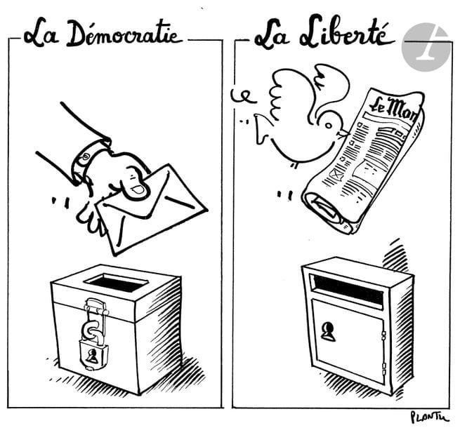Jean Plantureux dit PLANTU (né en 1951)
Société - la Démocratie, la Liberté, 19 août 1999
Feutre.
Signée en bas à droite.
20 x 23 cm

Joint : le tirage couleur. 

Dessin réalisé en 1999 pour une campagne publicitaire du Journal Le Monde.
