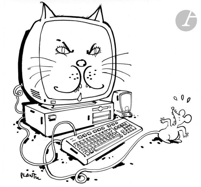 Jean Plantureux dit PLANTU (né en 1951)
Internet - La Chat et la souris, 6 mai 2000
Feutre.
Signé en bas à gauche.
20.5 x 21.5 cm

Joint : le tirage couleur.