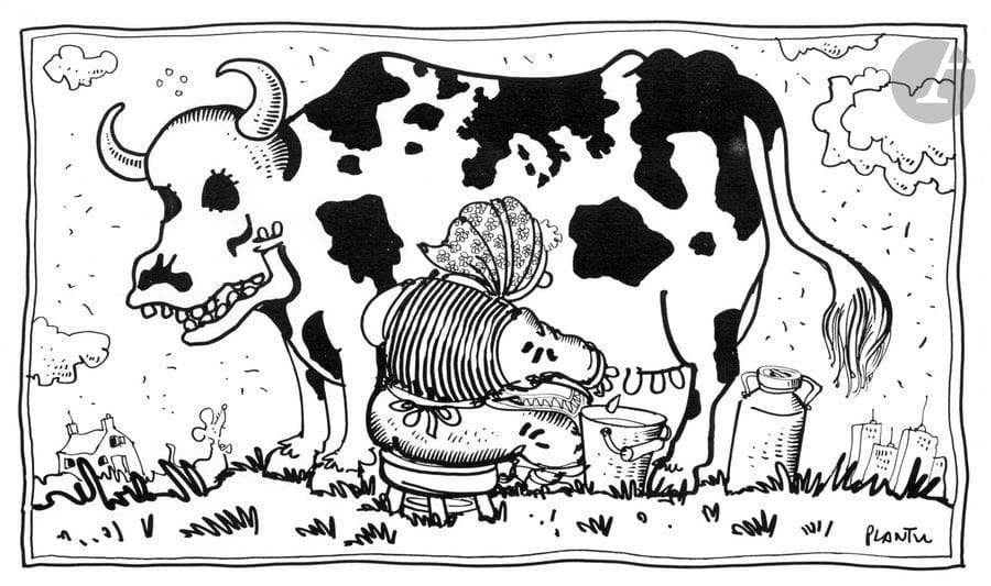 Jean Plantureux dit PLANTU (né en 1951)
Agriculture - Vache folle, 28 octobre 2000
Feutre.
Signé en bas à droite.
17.5 x 29 cm