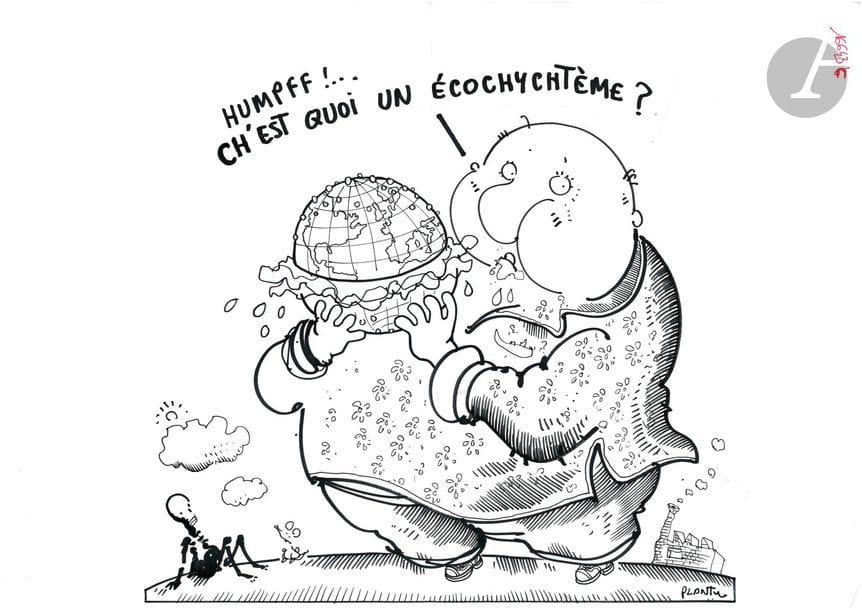 Jean Plantureux dit PLANTU (né en 1951)
Environnement - Ch’est quoi un échochychtème ?, 1er avril 2005
Feutre.
Signé en bas à droite.
(Pli médiant).
29.5 x 42 cm

Joint : le tirage couleur.