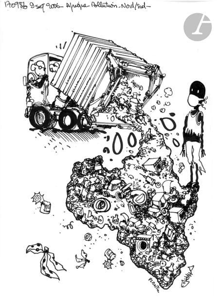 Jean Plantureux dit PLANTU (né en 1951)
Environnement - Afrique poubelle, 9 septembre 2009
Feutre.
Signé en bas à droite.
25 x 17.5 cm

Joint : le tirage couleur.