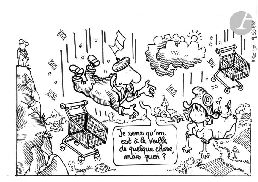 Jean Plantureux dit PLANTU (né en 1951)
Politique - Veille sociale, 15 septembre 2011
Feutre.
19 x 29 cm

Joint : le tirage couleur.