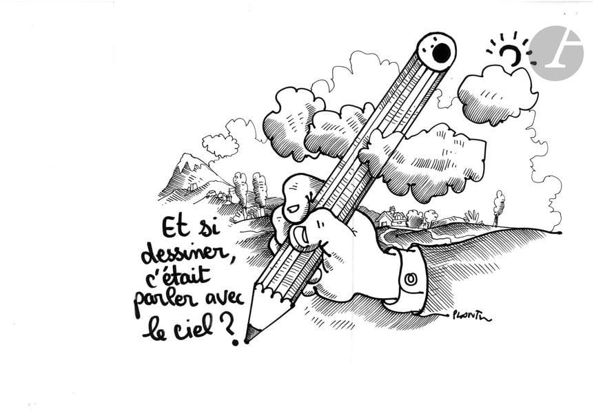 Jean Plantureux dit PLANTU (né en 1951)
Société - Et si dessiner c’était parler avec le ciel, décembre 2011
Feutre.
Signé en bas à droite.
(Pli médiant)
25 x 34 cm

Joint : le tirage couleur.