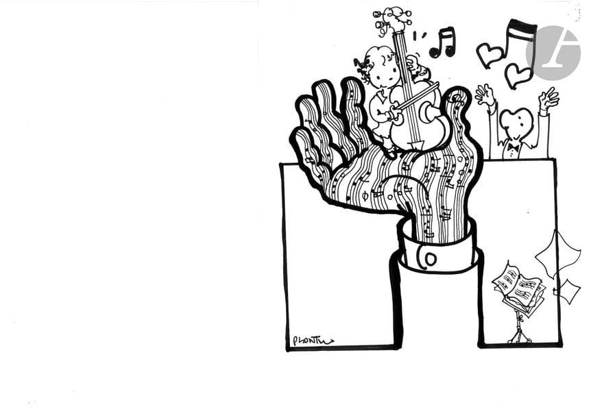 Jean Plantureux dit PLANTU (né en 1951)
Musique - Gautier, avril 2016
Feutre.
Signé en bas à gauche.
(Pli).
27 x 24 cm

Joint : le tirage couleur. 

Dessin non publié. 
Dessin réalisé pour l’ami de Plantu et violoncelliste Gautier CAPUçON pour la couverture d’un livre pédagogique sur l’enseignement du violoncelle destiné aux enfants.