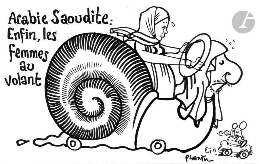 Jean Plantureux dit PLANTU (né en 1951)
Religion - Arabie Saoudite : Enfin les femmes au volant, 28 septembre 2017
Feutre.
Signé en bas à droite.
19 x 28.5 cm

Joint : étude préparatoire au feutre et tirage couleur. 

Dessin exposé au Ministère des Affaires étrangères.