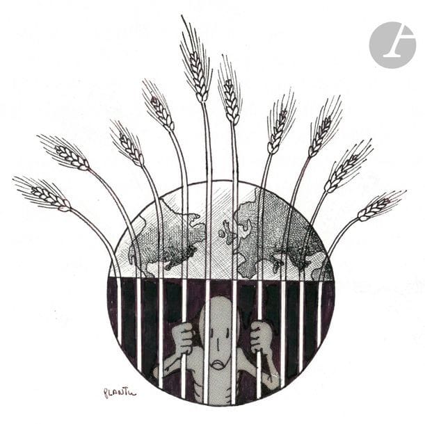 Jean Plantureux dit PLANTU (né en 1951)
La Terre et le blé, octobre 1981
Encre et feutre.
Signée en bas à gauche.
19.5 x 20 cm

Dessin réalisé pour la campagne électorale des présidentielles de 1974, pour le candidat écologiste René Dumont.